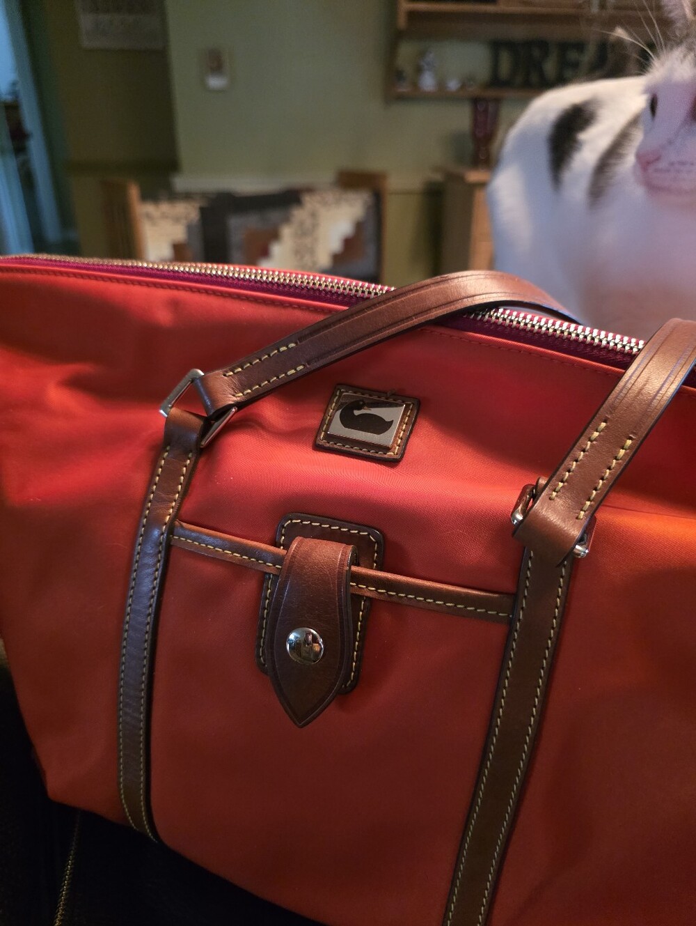 Dooney & Bourke Orange Nylon Purse with Brown Leather Trim